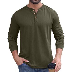 Men's Waffle Henley Shirts Long Sleeve Button T-Shirt Casual Stylish Lightweight